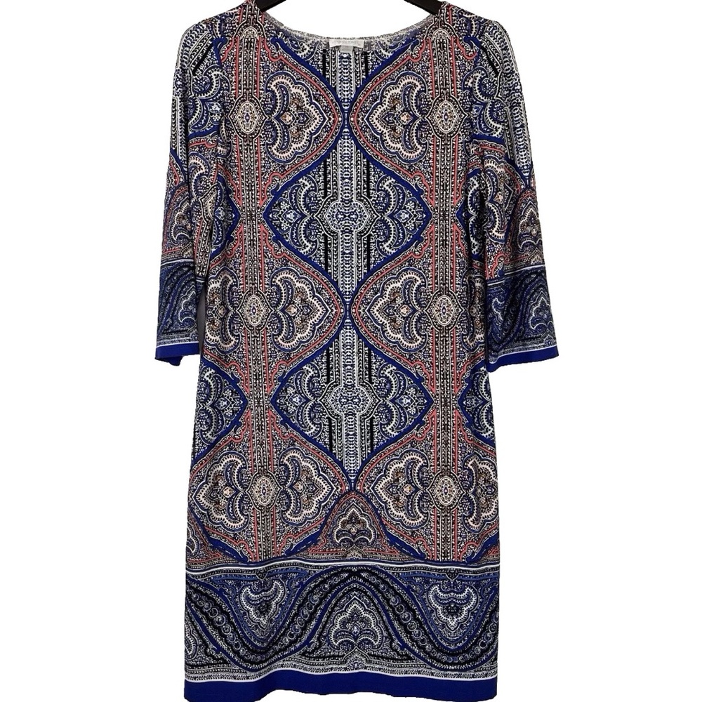 London Times Midi Sheath Dress 3/4 Sleeve Multicolored Stretch Size 14